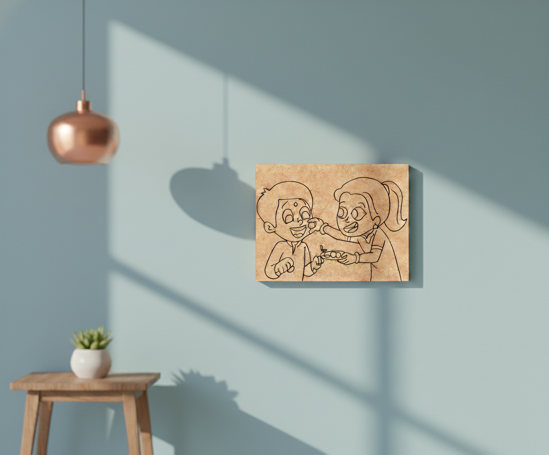MDF Festival Canvas DIY Raksha Bandhan Painting Board showing brother sister illustration for kids craft and festive art project, mounted on wall