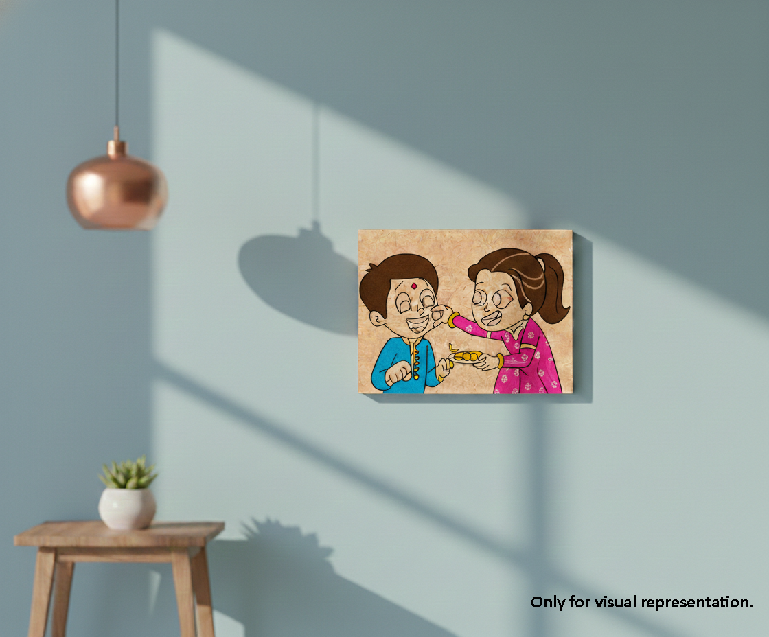 Painted MDF Festival Canvas DIY Raksha Bandhan Painting Board showing brother sister illustration for kids craft and festive art project, mounted on wall