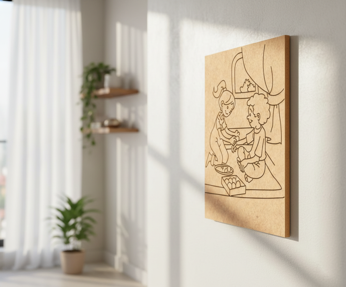 MDF Festival Canvas DIY Bhai Dooj Painting Board showing brother sister illustration for kids craft and festive art project, mounted on wall show by side angle 