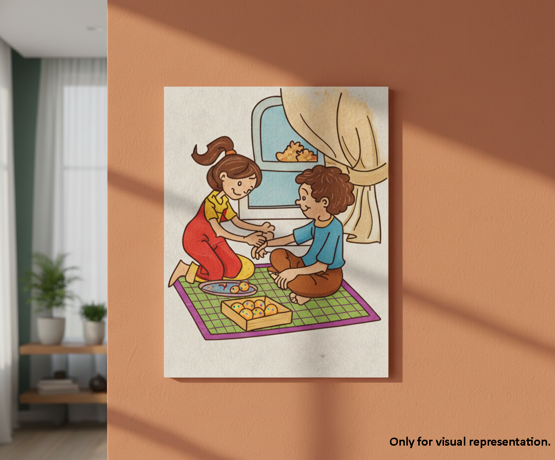 Painted MDF Festival Canvas DIY Bhai Dooj Painting Board showing brother sister illustration for kids craft and festive art project, mounted on wall show by side angle 