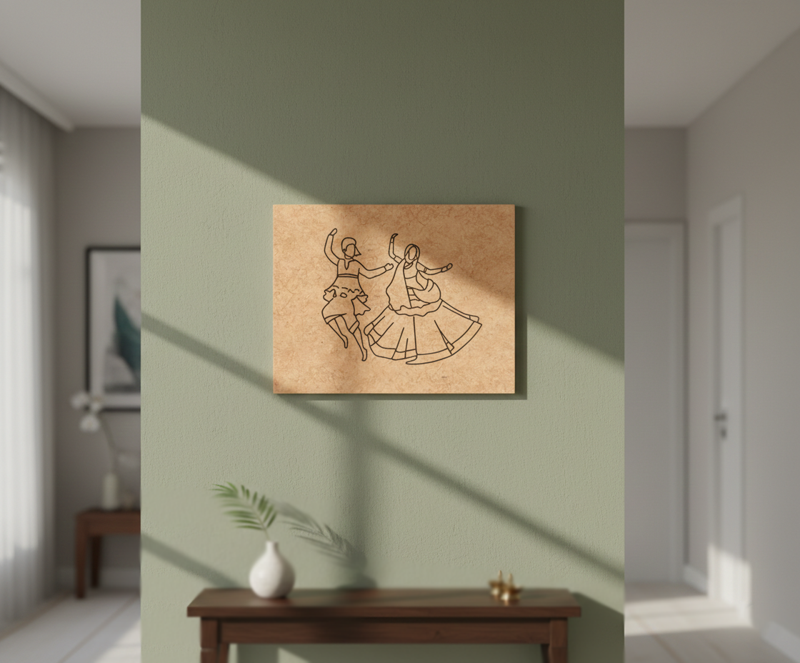 MDF Garba Dance Festival Canvas DIY Painting Board with traditional dancing couple design, mounted on wall