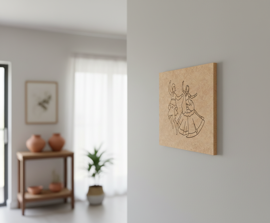 MDF Garba Dance Festival Canvas DIY Painting Board with traditional dancing couple design, mounted on wall