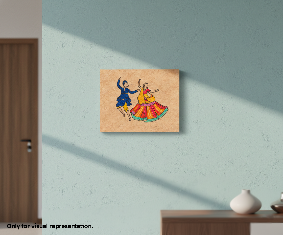 Painted MDF Garba Dance Festival Canvas DIY Painting Board with traditional dancing couple design, mounted on wall