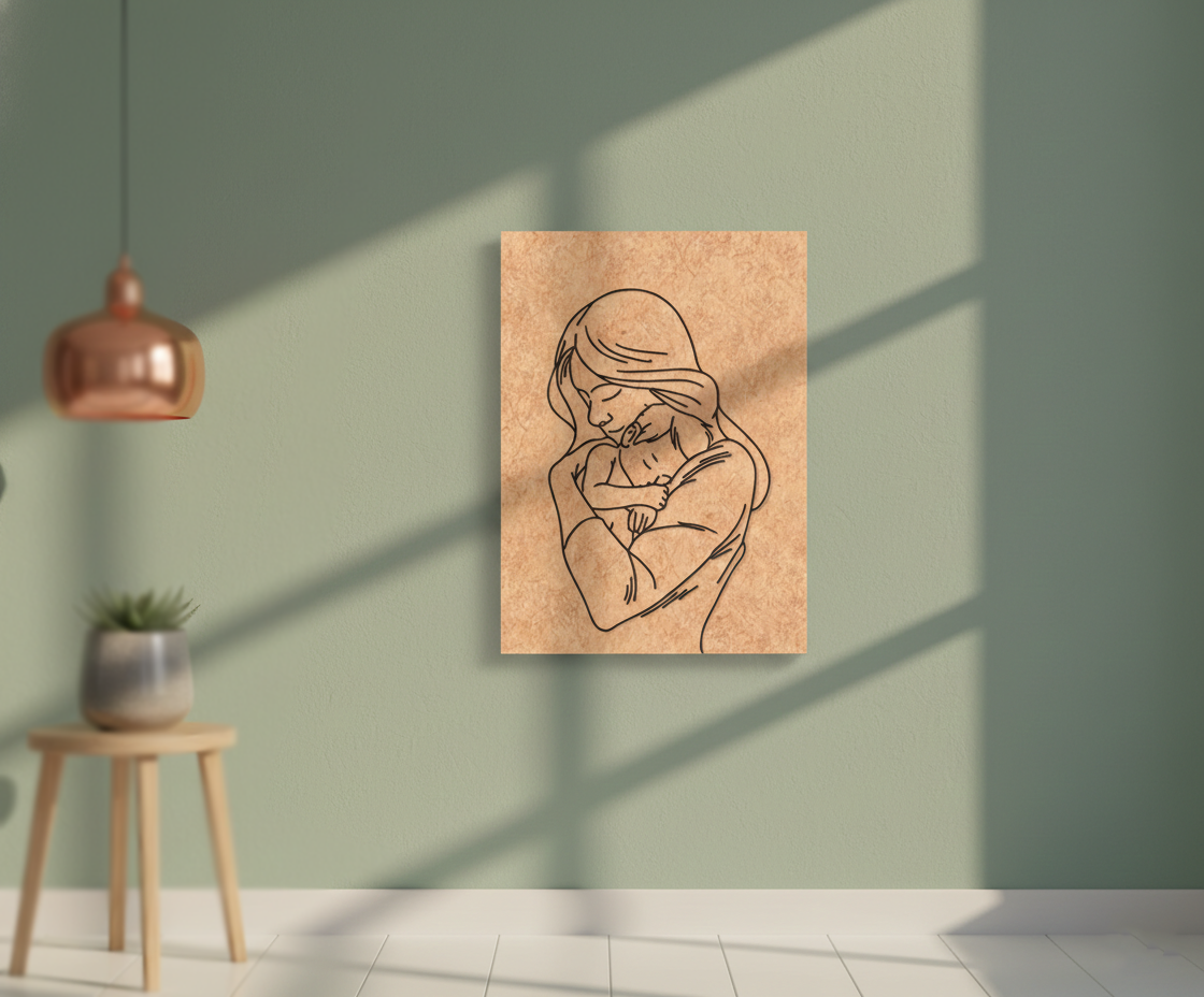 MDF Mother Love Festival Canvas DIY Painting Board showing mother holding baby illustration for emotional art, mounted on wall