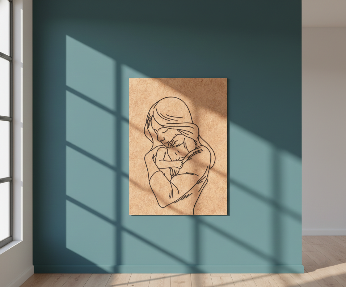 MDF Mother Love Festival Canvas DIY Painting Board showing mother holding baby illustration for emotional art, mounted on wall