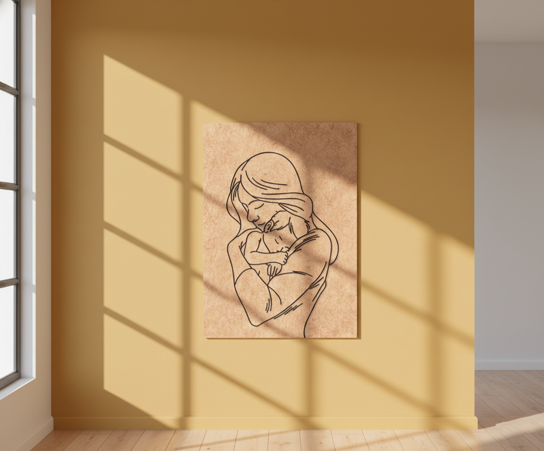 MDF Mother Love Festival Canvas DIY Painting Board showing mother holding baby illustration for emotional art, mounted on wall