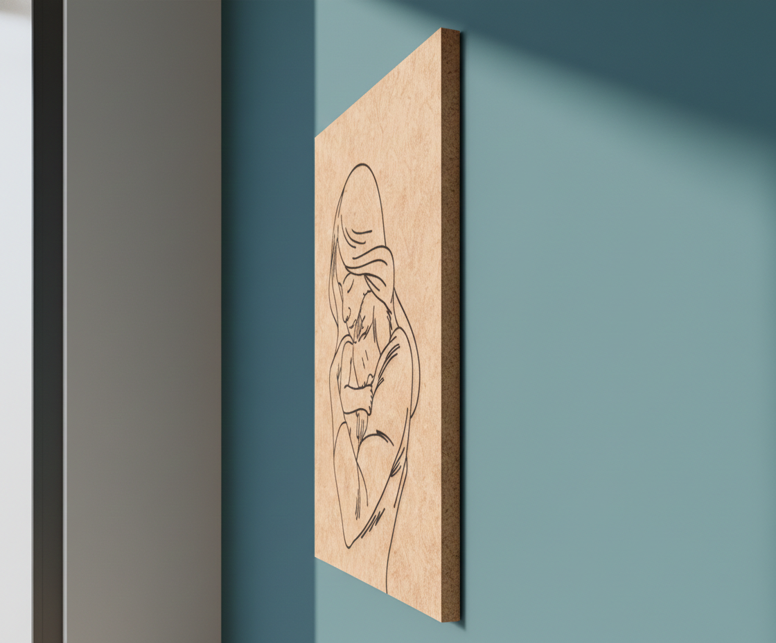MDF Mother Love Festival Canvas DIY Painting Board showing mother holding baby illustration for emotional art, mounted on wall show by side angle
