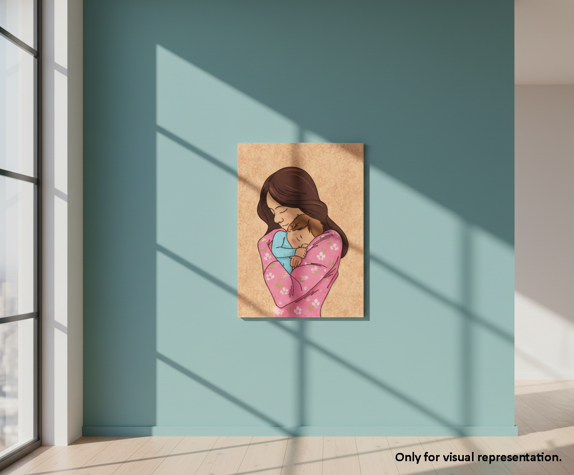 Painted MDF Mother Love Festival Canvas DIY Painting Board showing mother holding baby illustration for emotional art, mounted on wall