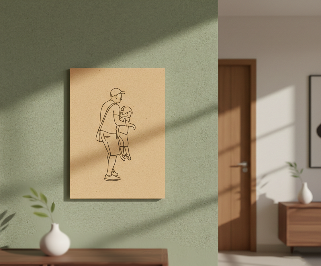 MDF Father Child Festival Canvas DIY Painting Board showing father carrying child illustration for emotional art, mounted on wall