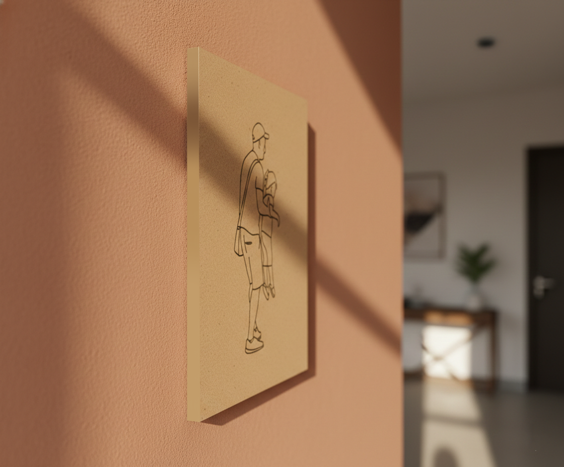 MDF Father Child Festival Canvas DIY Painting Board showing father carrying child illustration for emotional art, mounted on wall show by side angle 