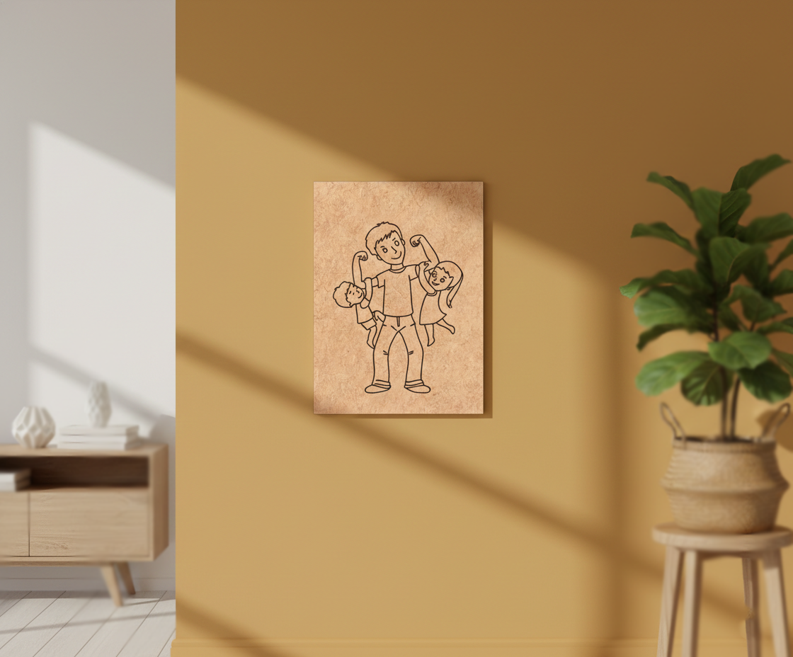 MDF Father Kids Festival Canvas DIY Painting Board showing happy father with two children illustration for kids, mounted on wall