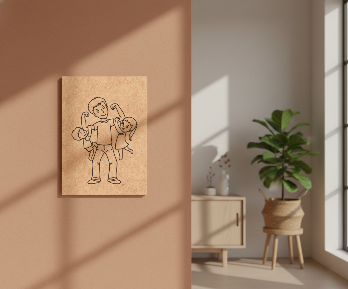 MDF Father Kids Festival Canvas DIY Painting Board showing happy father with two children illustration for kids, mounted on wall