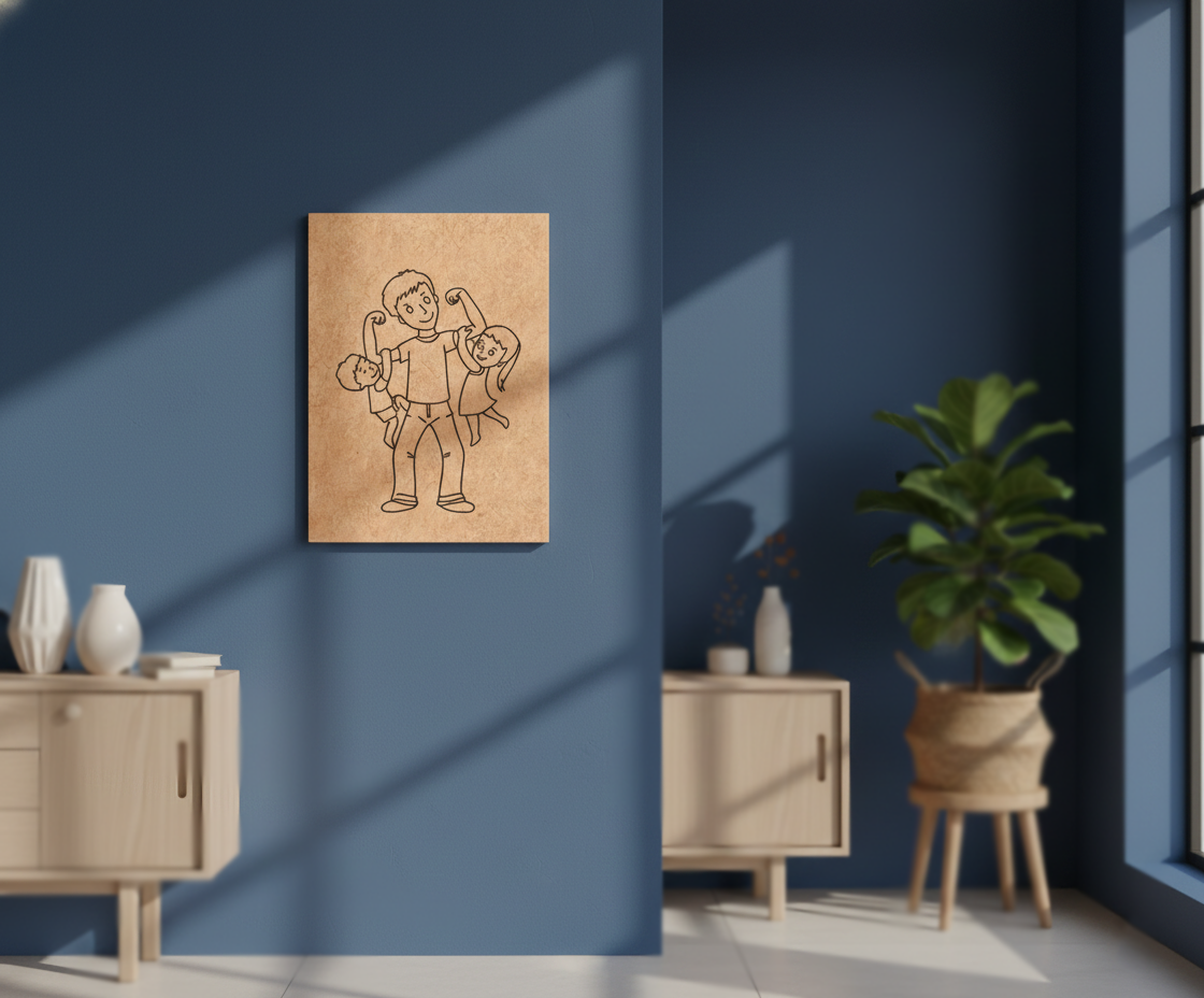 MDF Father Kids Festival Canvas DIY Painting Board showing happy father with two children illustration for kids, mounted on wall
