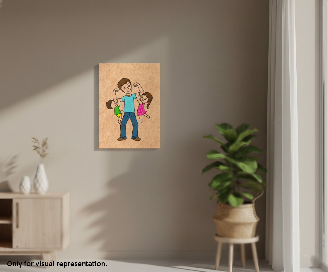 Painted MDF Father Kids Festival Canvas DIY Painting Board showing happy father with two children illustration for kids, mounted on wall