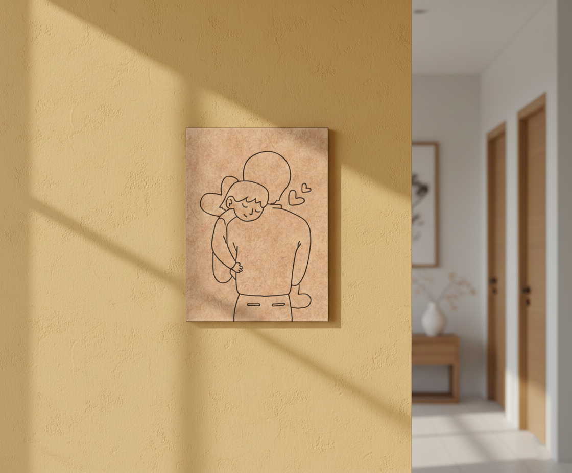 MDF Father Daughter Festival Canvas DIY Painting Board showing father hugging daughter illustration for emotional art, mounted on wall
