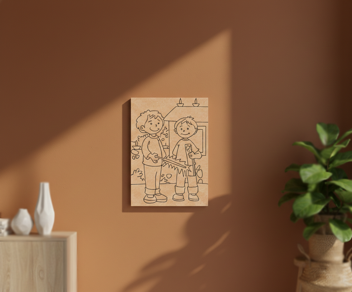 MDF Diwali Kids Festival Canvas DIY Painting Board showing two children with Diwali decoration illustration for kids, mounted on wall