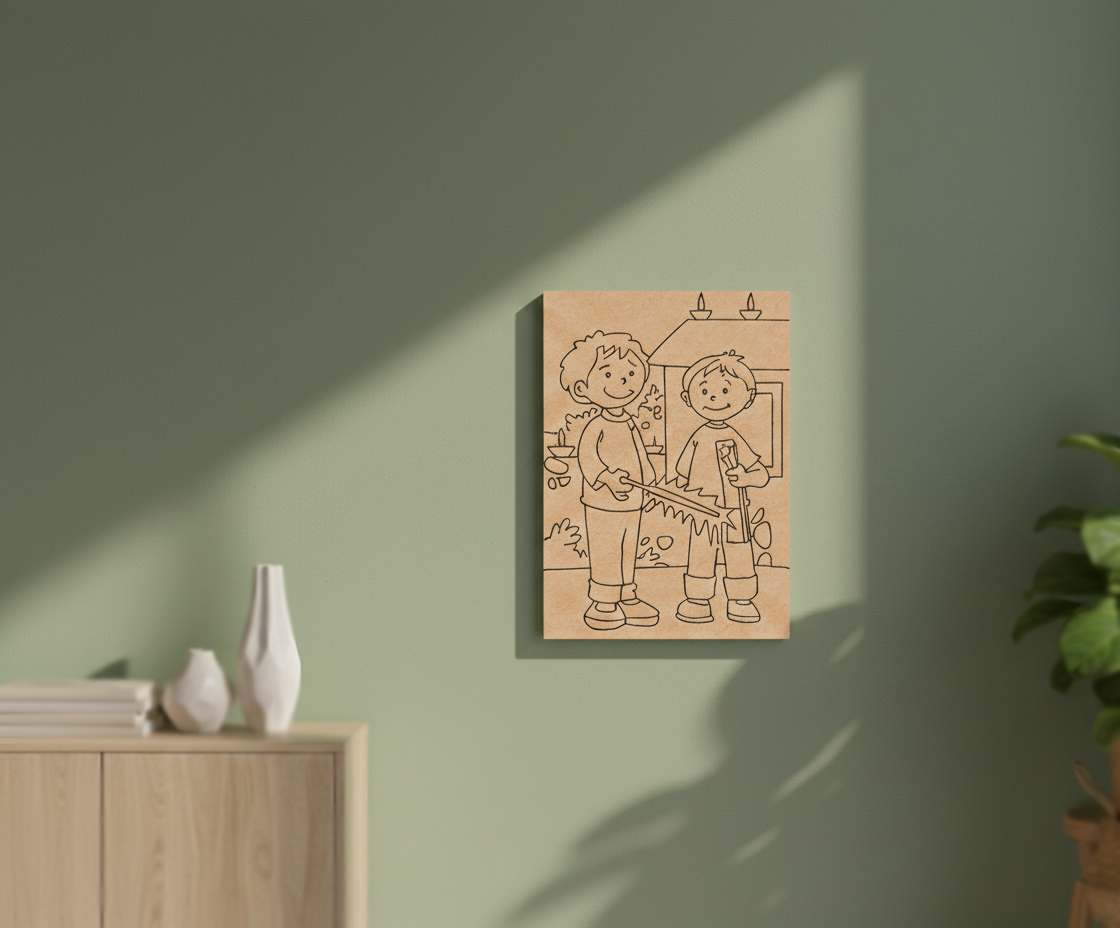 MDF Diwali Kids Festival Canvas DIY Painting Board showing two children with Diwali decoration illustration for kids, mounted on wall