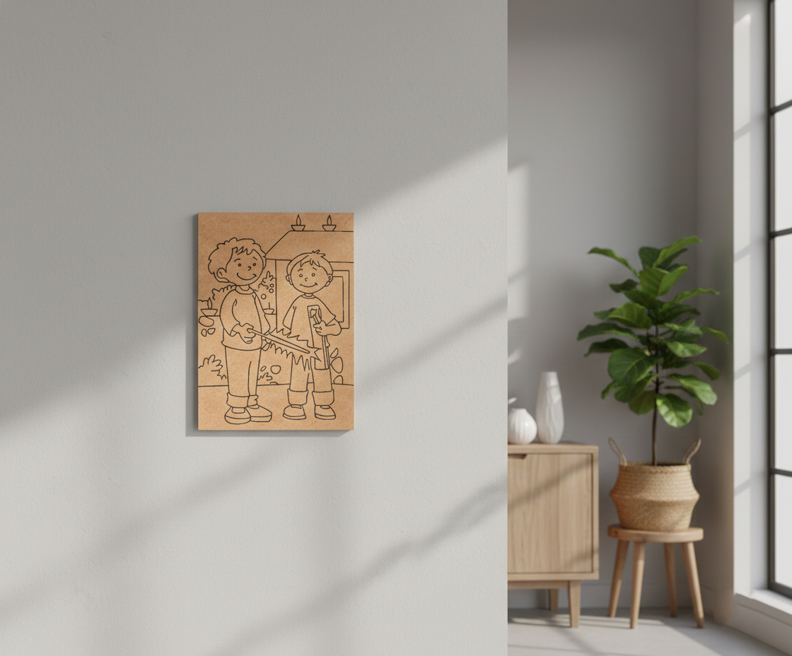 MDF Diwali Kids Festival Canvas DIY Painting Board showing two children with Diwali decoration illustration for kids, mounted on wall
