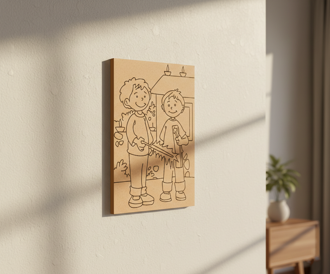 MDF Diwali Kids Festival Canvas DIY Painting Board showing two children with Diwali decoration illustration for kids, mounted on wall