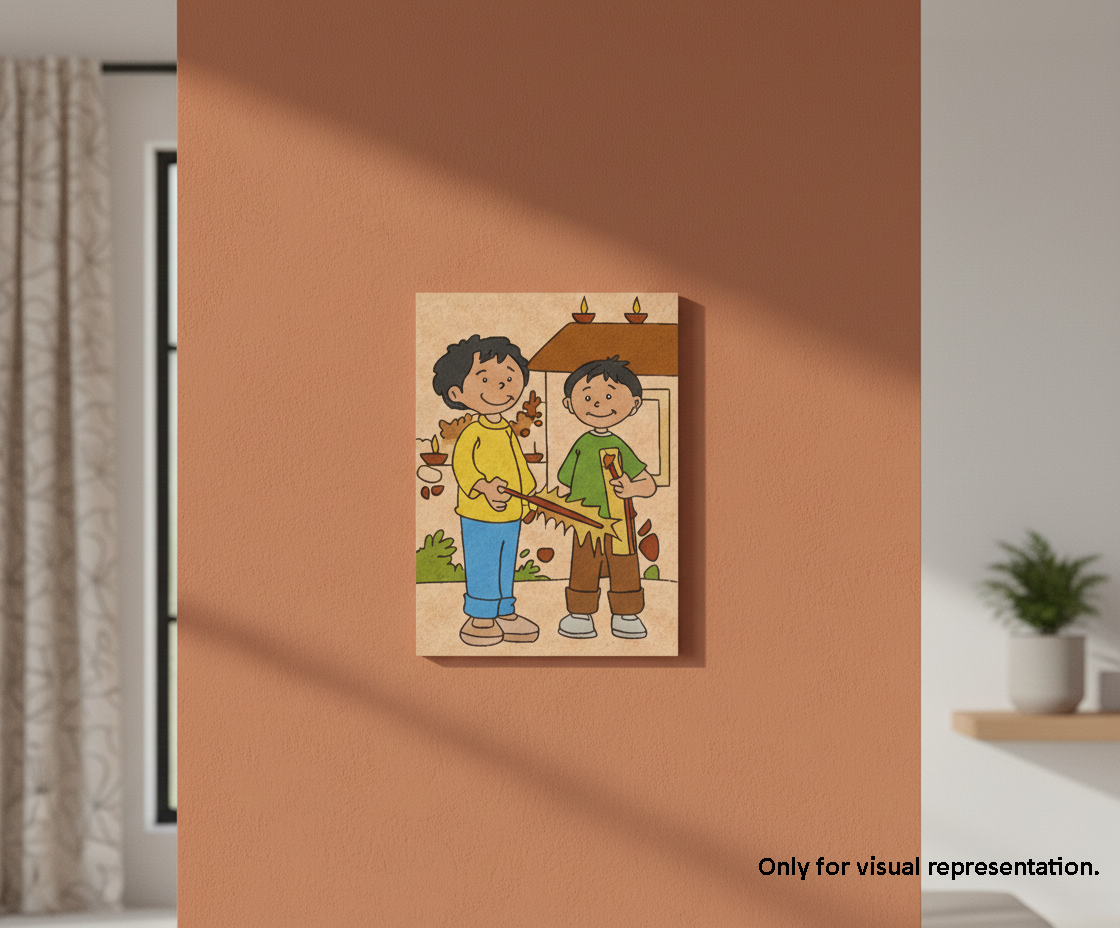 Painted MDF Diwali Kids Festival Canvas DIY Painting Board showing two children with Diwali decoration illustration for kids, mounted on wall