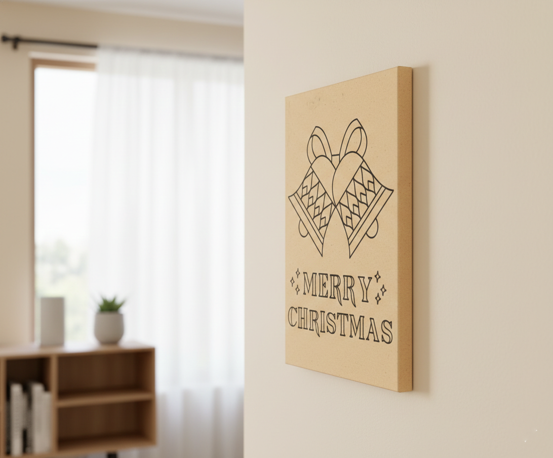 MDF Merry Christmas Festival Canvas DIY Painting Board with bells and text design for kids craft and festive home decor, mounted on wall show by side angle 