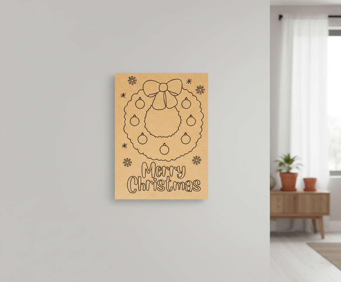 MDF Merry Christmas Wreath Festival Canvas DIY Painting Board with wreath, ornaments and text design for kids craft, mounted on wall