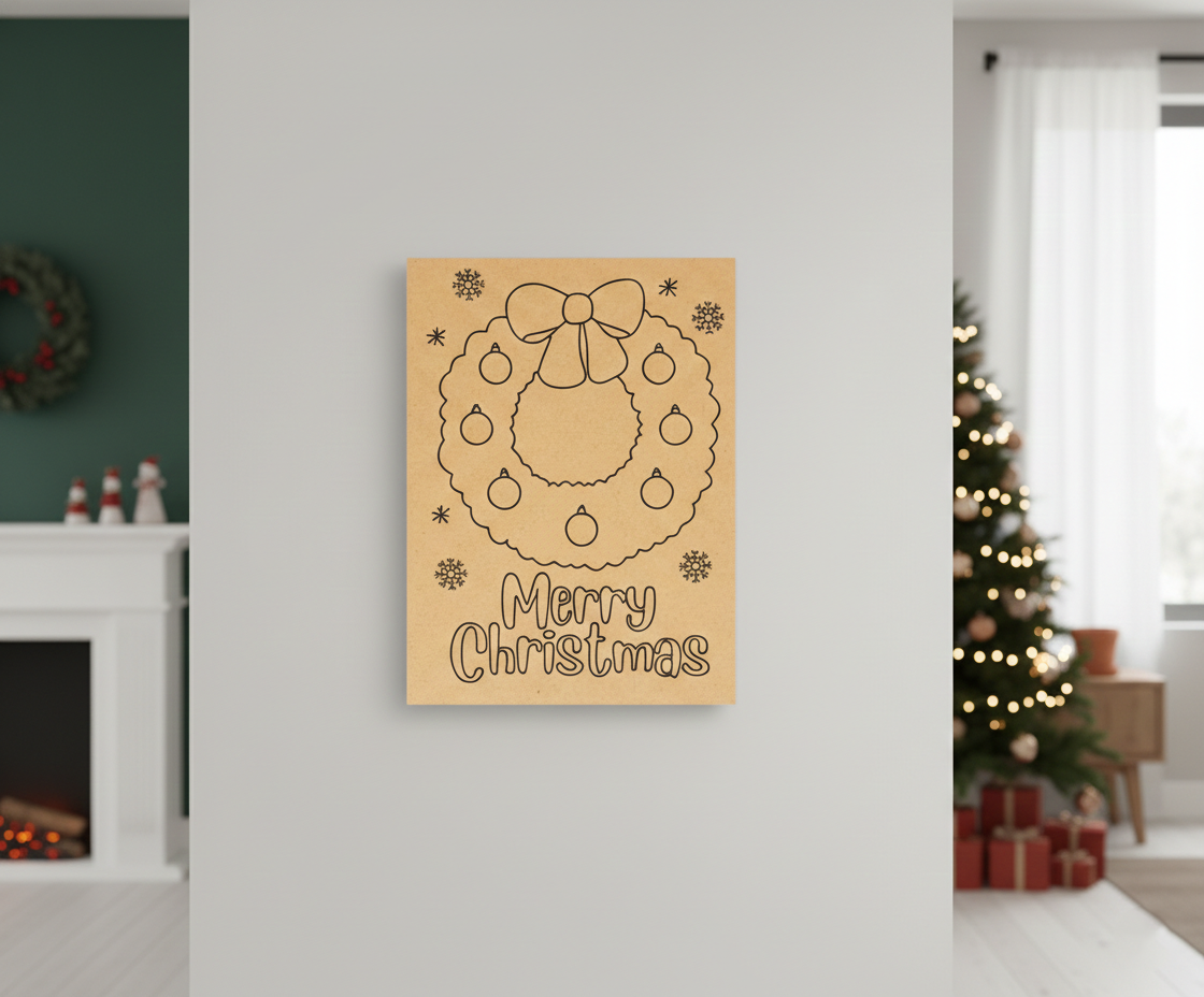 MDF Merry Christmas Wreath Festival Canvas DIY Painting Board with wreath, ornaments and text design for kids craft, mounted on wall