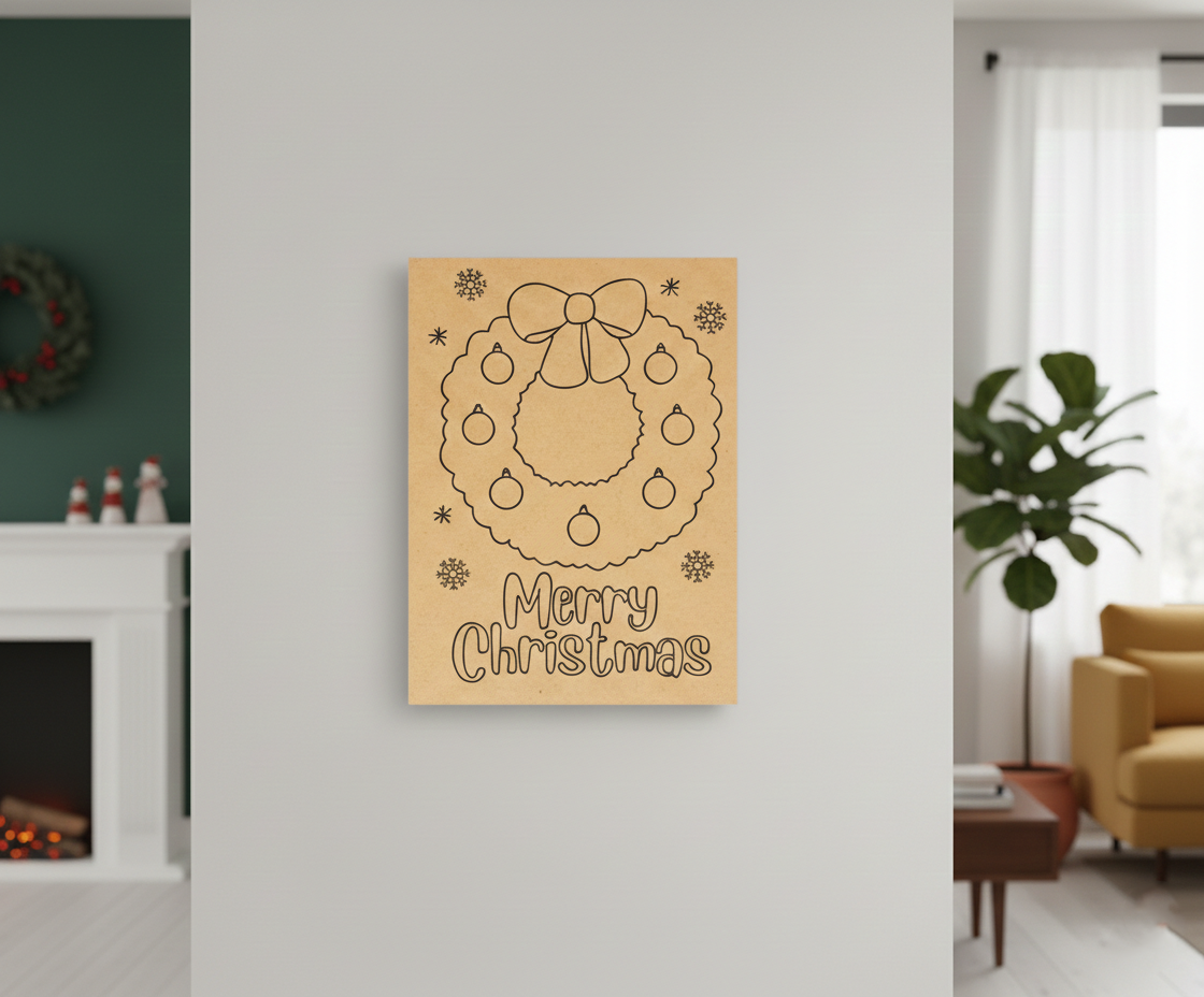 MDF Merry Christmas Wreath Festival Canvas DIY Painting Board with wreath, ornaments and text design for kids craft, mounted on wall