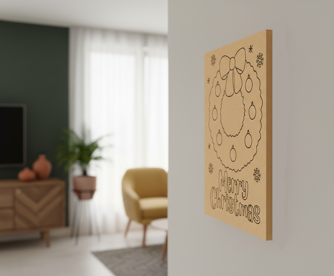MDF Merry Christmas Wreath Festival Canvas DIY Painting Board with wreath, ornaments and text design for kids craft, mounted on wall show by side angle 