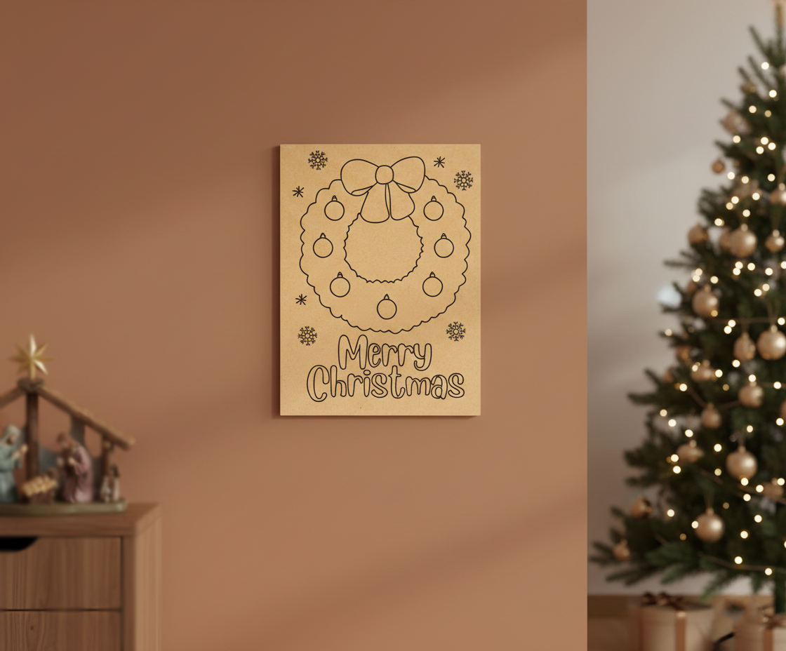 MDF Merry Christmas Wreath Festival Canvas DIY Painting Board with wreath, ornaments and text design for kids craft, mounted on wall