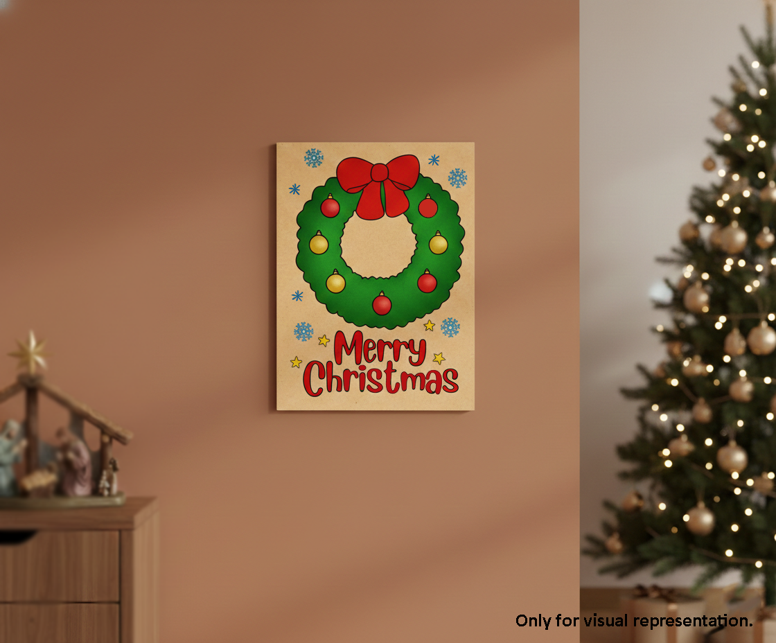 Painted MDF Merry Christmas Wreath Festival Canvas DIY Painting Board with wreath, ornaments and text design for kids craft, mounted on wall