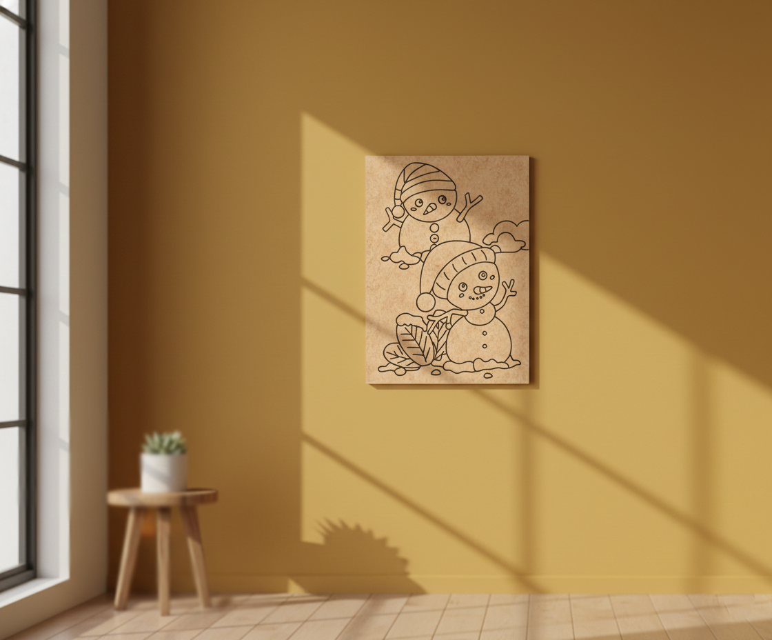 MDF Snowman Kids Festival Canvas DIY Painting Board with cute snowman design for kids craft and Christmas art project, mounted on wall