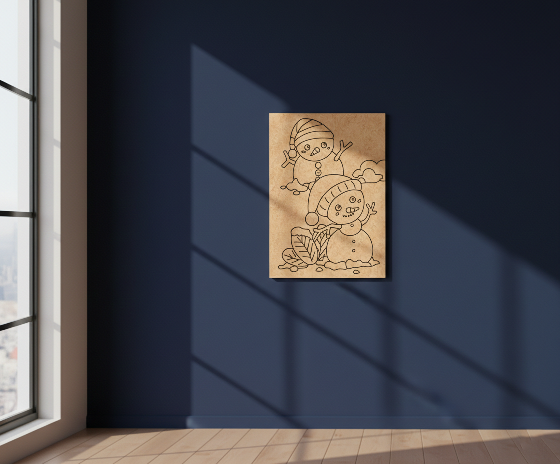 MDF Snowman Kids Festival Canvas DIY Painting Board with cute snowman design for kids craft and Christmas art project, mounted on wall
