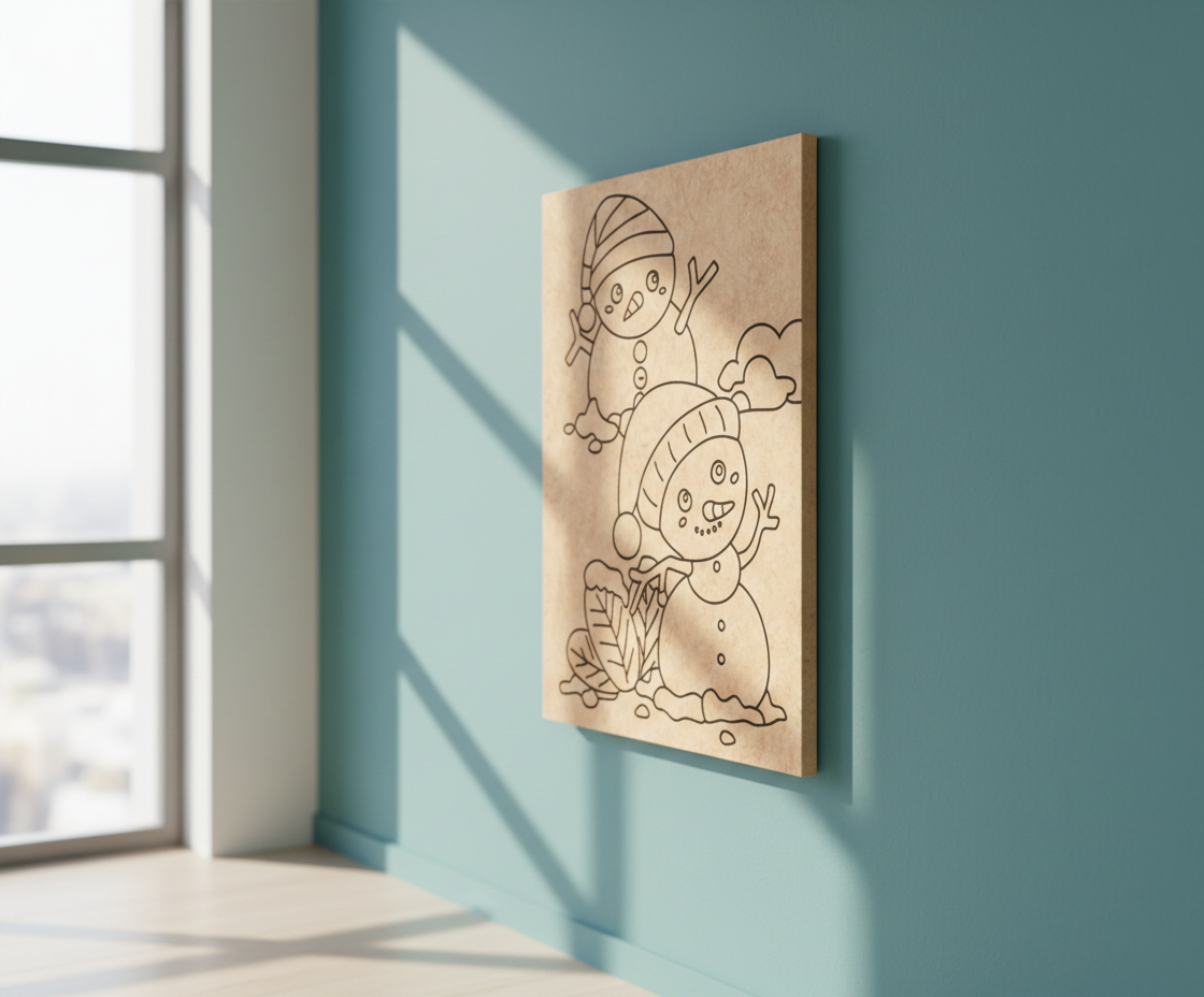 MDF Snowman Kids Festival Canvas DIY Painting Board with cute snowman design for kids craft and Christmas art project, mounted on wall show by side angle 