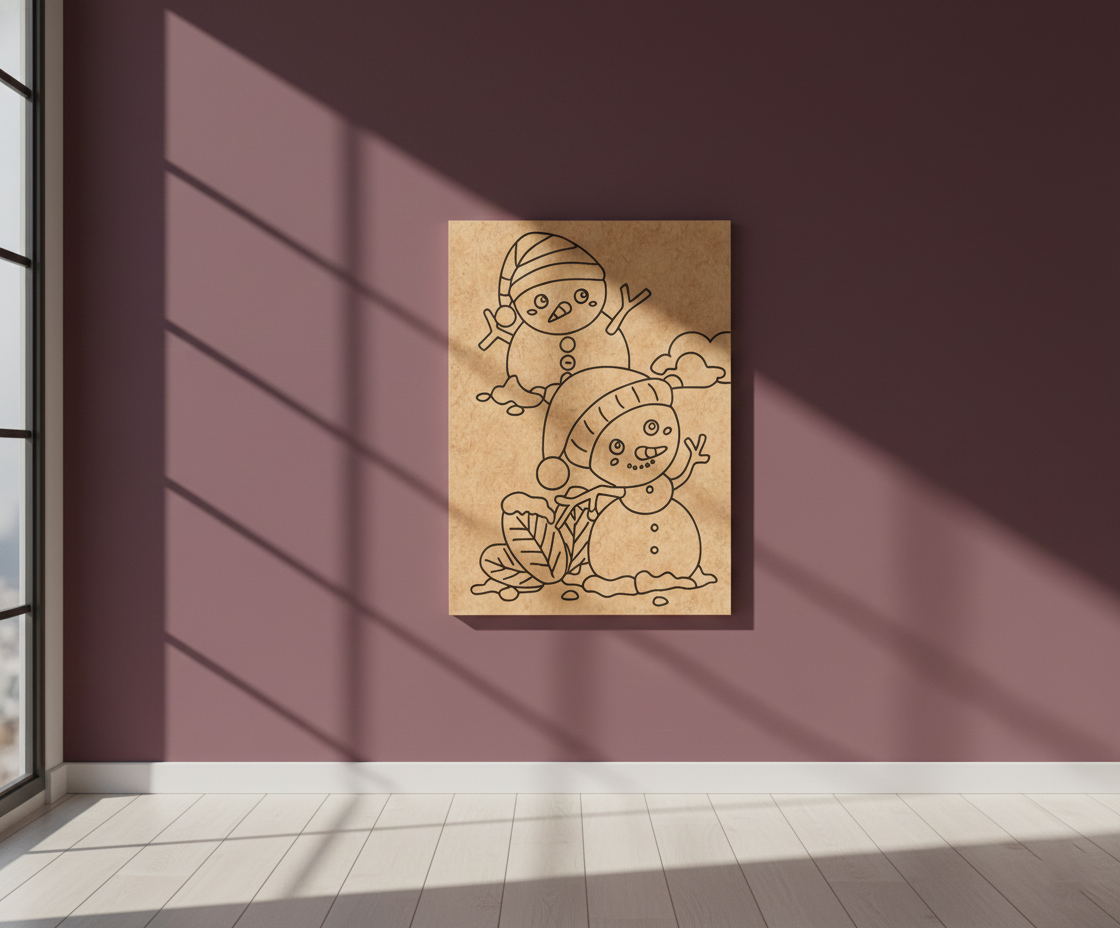 MDF Snowman Kids Festival Canvas DIY Painting Board with cute snowman design for kids craft and Christmas art project, mounted on wall