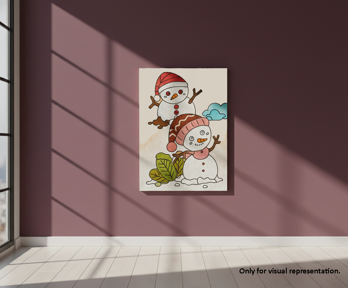 Painted MDF Snowman Kids Festival Canvas DIY Painting Board with cute snowman design for kids craft and Christmas art project, mounted on wall