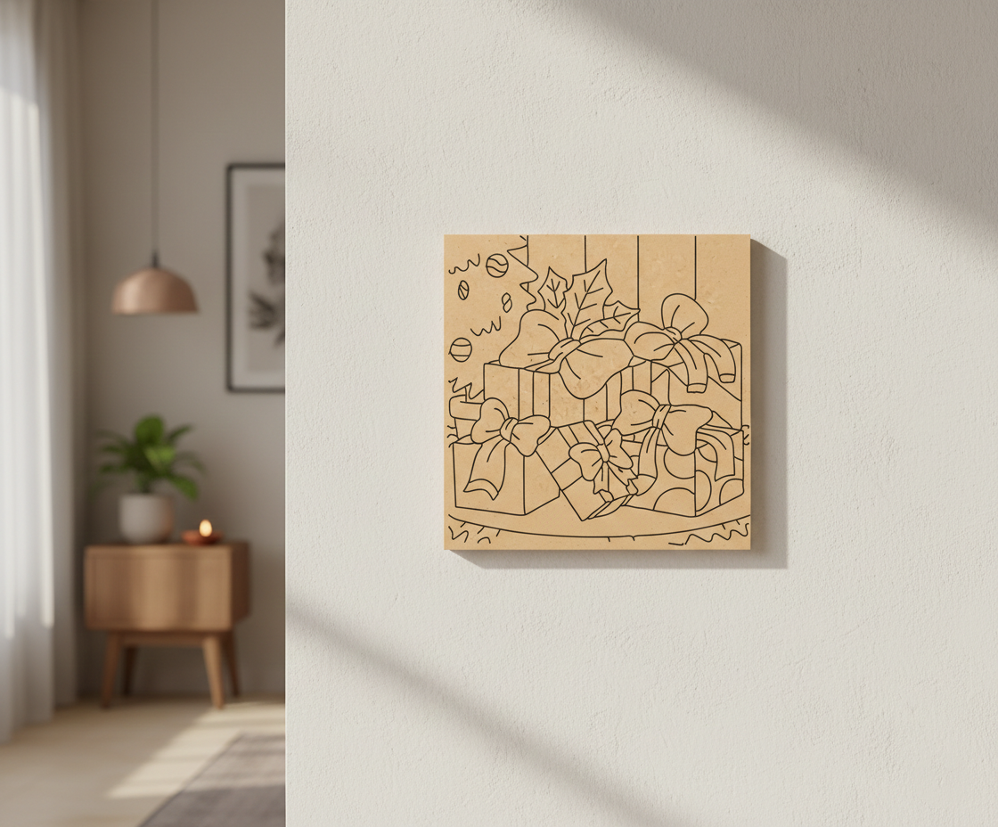 MDF Christmas Gifts Festival Canvas DIY Painting Board with decorative gift boxes for Christmas craft, kids art, mounted on wall