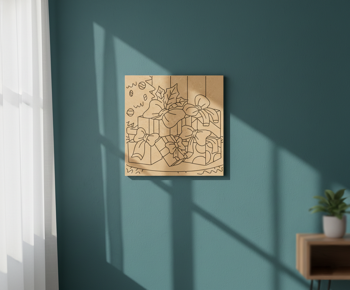 MDF Christmas Gifts Festival Canvas DIY Painting Board with decorative gift boxes for Christmas craft, kids art, mounted on wall