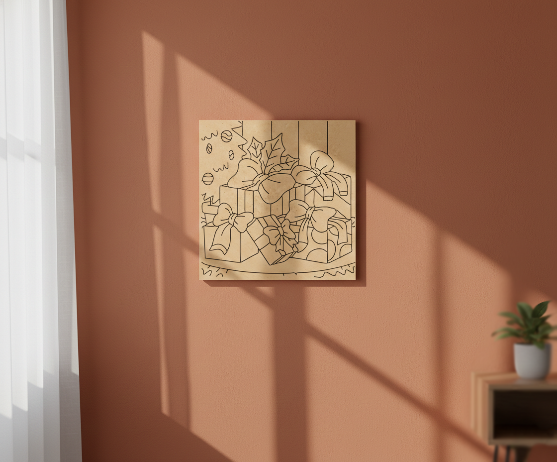 MDF Christmas Gifts Festival Canvas DIY Painting Board with decorative gift boxes for Christmas craft, kids art, mounted on wall
