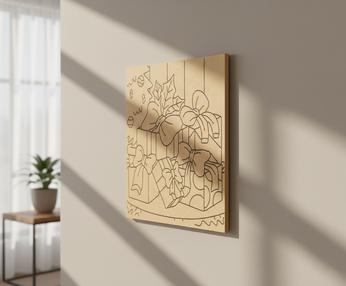 MDF Christmas Gifts Festival Canvas DIY Painting Board with decorative gift boxes for Christmas craft, kids art, mounted on wall