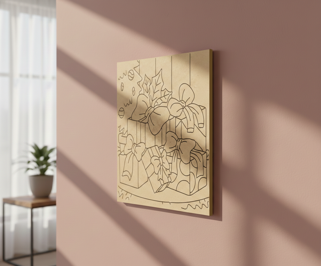 MDF Christmas Gifts Festival Canvas DIY Painting Board with decorative gift boxes for Christmas craft, kids art, mounted on wall