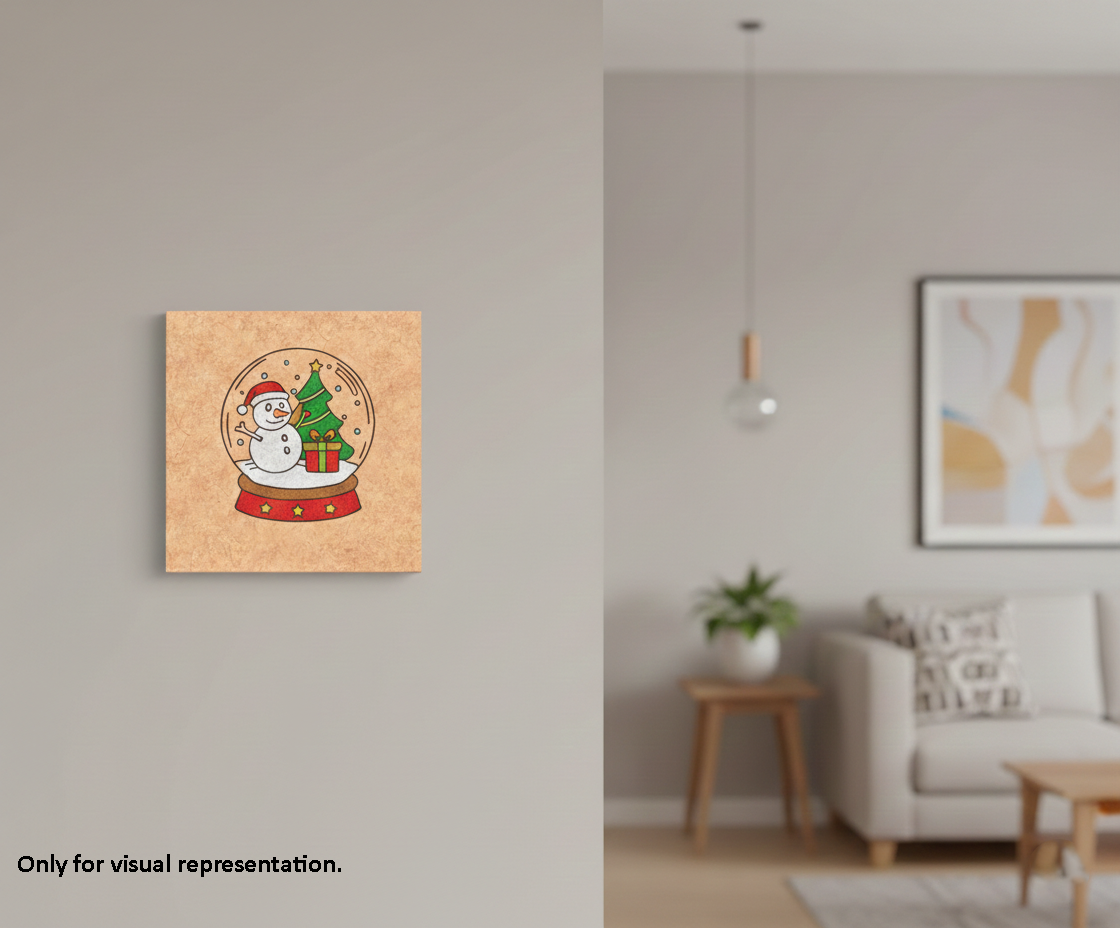 painted MDF Christmas Snow Globe Festival Canvas DIY Painting Board featuring snowman, Christmas tree and gift for kids, mounted on wall
