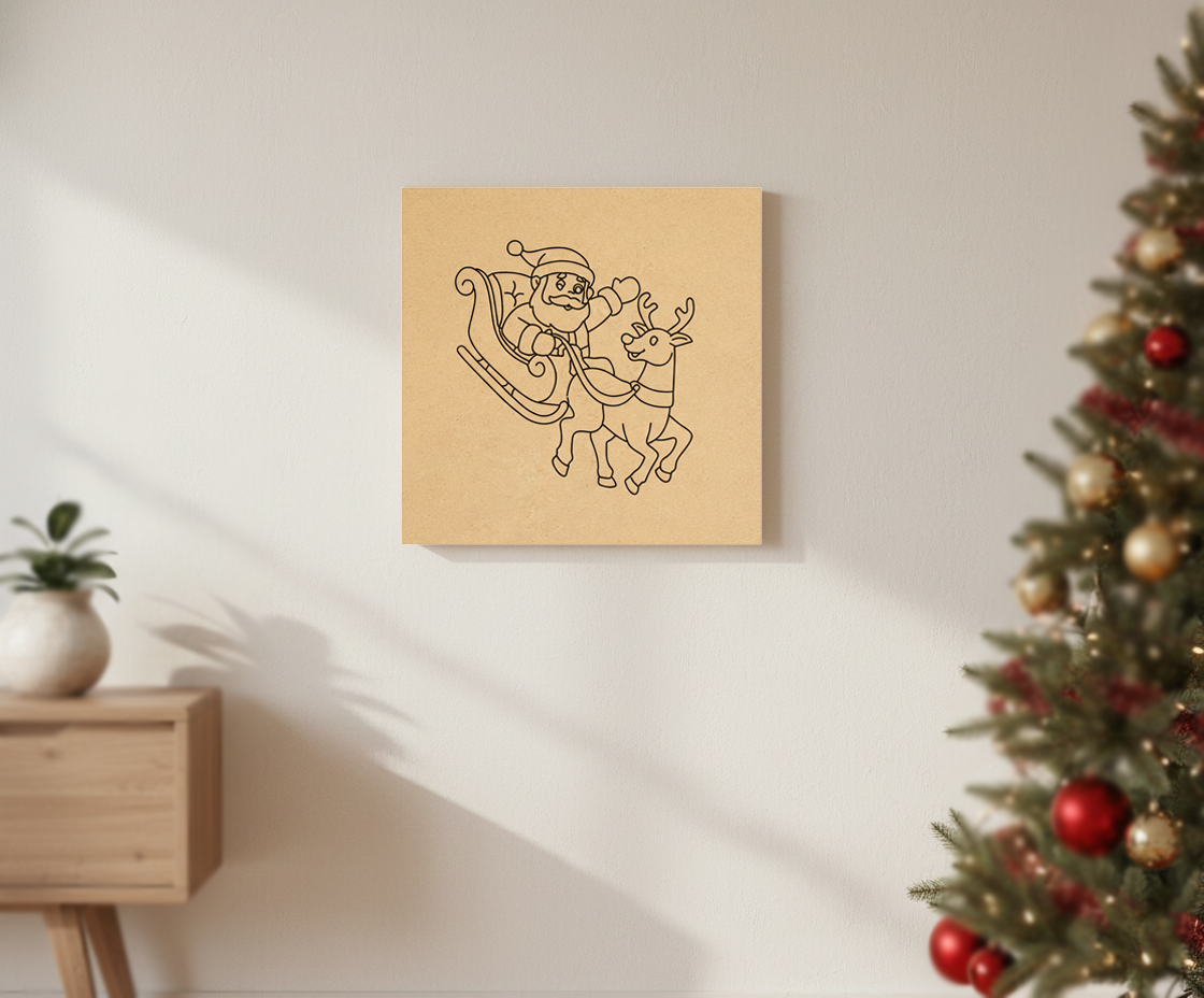 MDF Santa Sleigh Christmas Festival Canvas DIY Painting Board featuring Santa Claus and reindeer for kids craft and festive decoration, mounted on wall