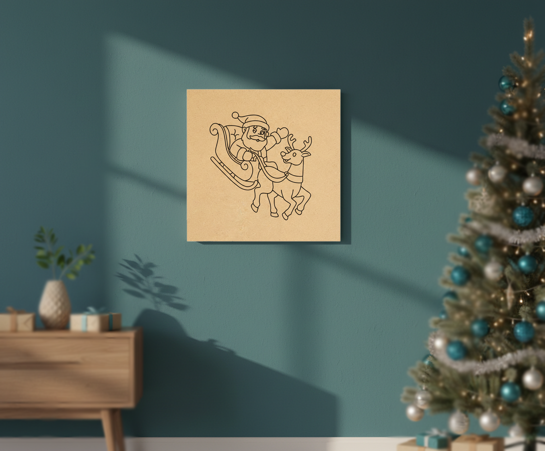MDF Santa Sleigh Christmas Festival Canvas DIY Painting Board featuring Santa Claus and reindeer for kids craft and festive decoration, mounted on wall
