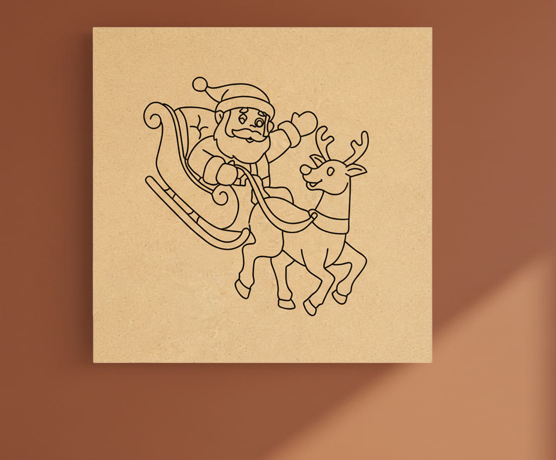 MDF Santa Sleigh Christmas Festival Canvas DIY Painting Board featuring Santa Claus and reindeer for kids craft and festive decoration, mounted on wall show by side angle 