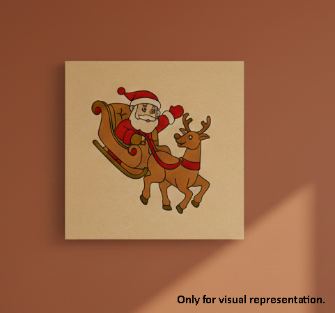 Painted MDF Santa Sleigh Christmas Festival Canvas DIY Painting Board featuring Santa Claus and reindeer for kids craft and festive decoration, mounted on wall show by side angle 