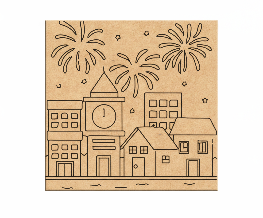 MDF Diwali City Lights Festival Canvas DIY Painting Board featuring cityscape and fireworks design for festive