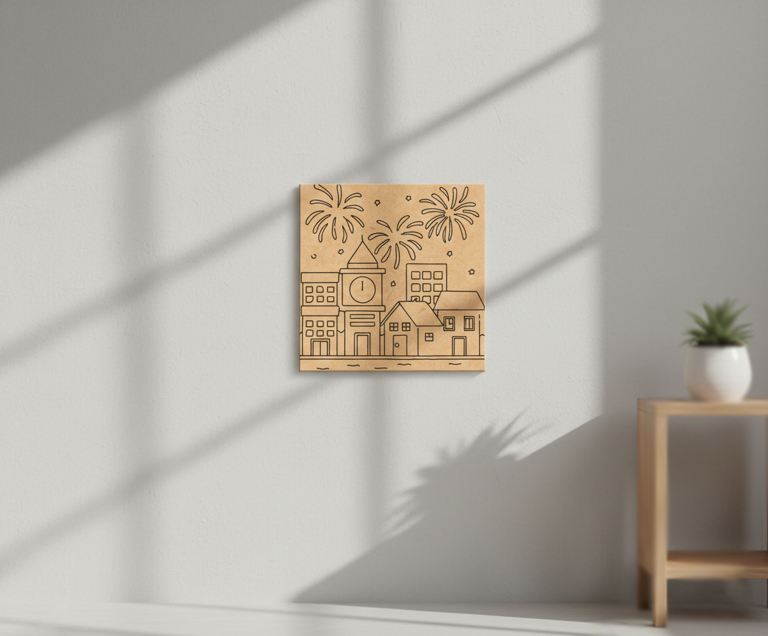 MDF Diwali City Lights Festival Canvas DIY Painting Board featuring cityscape and fireworks design for festive, mounted on wall