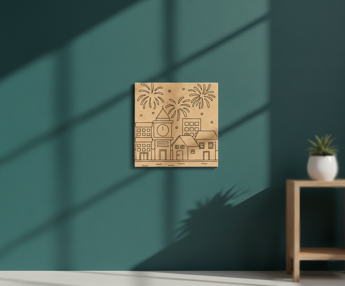 MDF Diwali City Lights Festival Canvas DIY Painting Board featuring cityscape and fireworks design for festive, mounted on wall