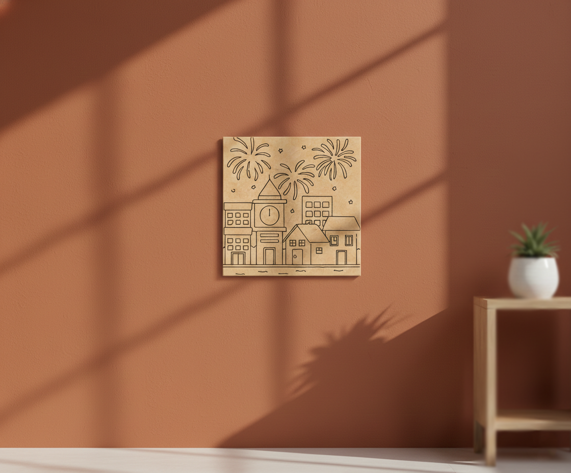MDF Diwali City Lights Festival Canvas DIY Painting Board featuring cityscape and fireworks design for festive, mounted on wall